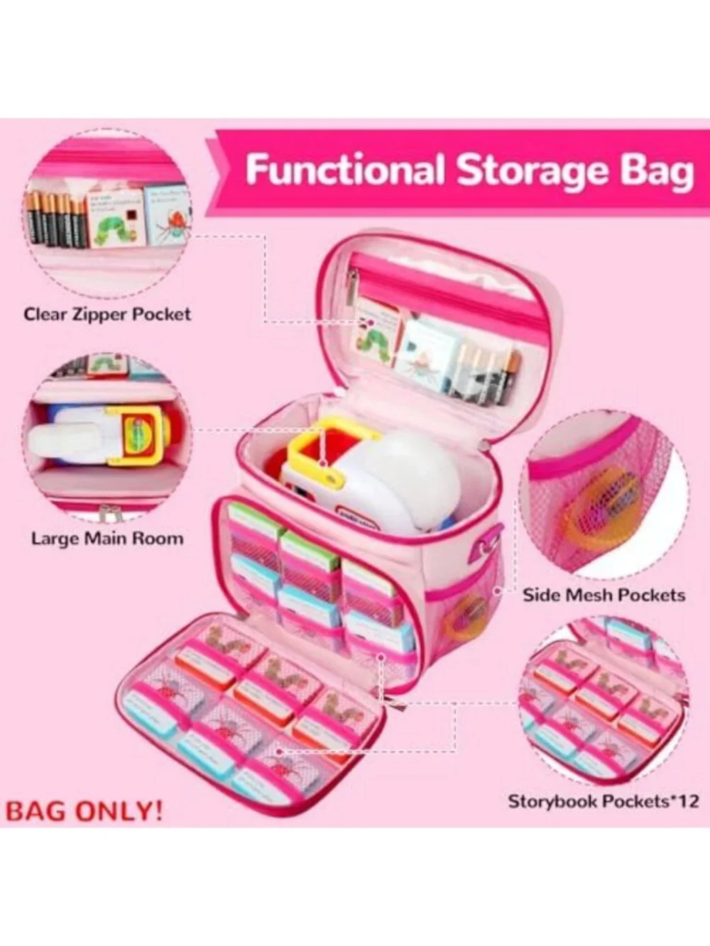 Travel Storybook Carrying Case with 12 Pockets & Shoulder Strap - Pink